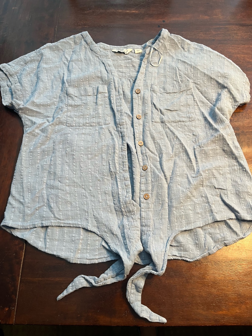 AFF Light Blue Button-Front Tie Hem Top